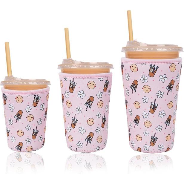 Reble Ulated Neoprene Iced Coffee Cup Sleeve, Durable Drink Sleeve for Cold Beverages, Beverage Holder for Iced Coffee, Floral Checkers