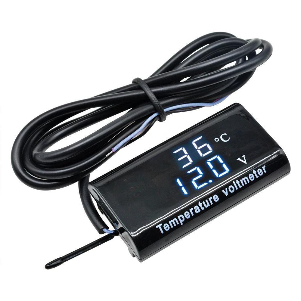 DC 12V 0.28 Inch Dual Display LED Digital Temperature Sensor Voltmeter Thermometer Voltage Meter Tester For Car Motorcycle