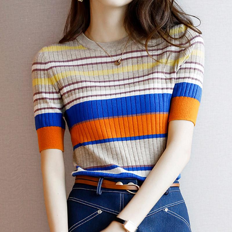 Women Sweaters Pullovers 2025 Summer Short Sleeve O-Neck Striped Slim Knitted Sweater Women Tops Pullover JJ315
