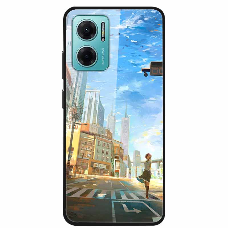 Case For Xiaomi Redmi Note 11E Luxury Tempered Glass Hard Back Cover For Redmi Note 11E Capa Shockproof Flower Funda Wolf Coque
