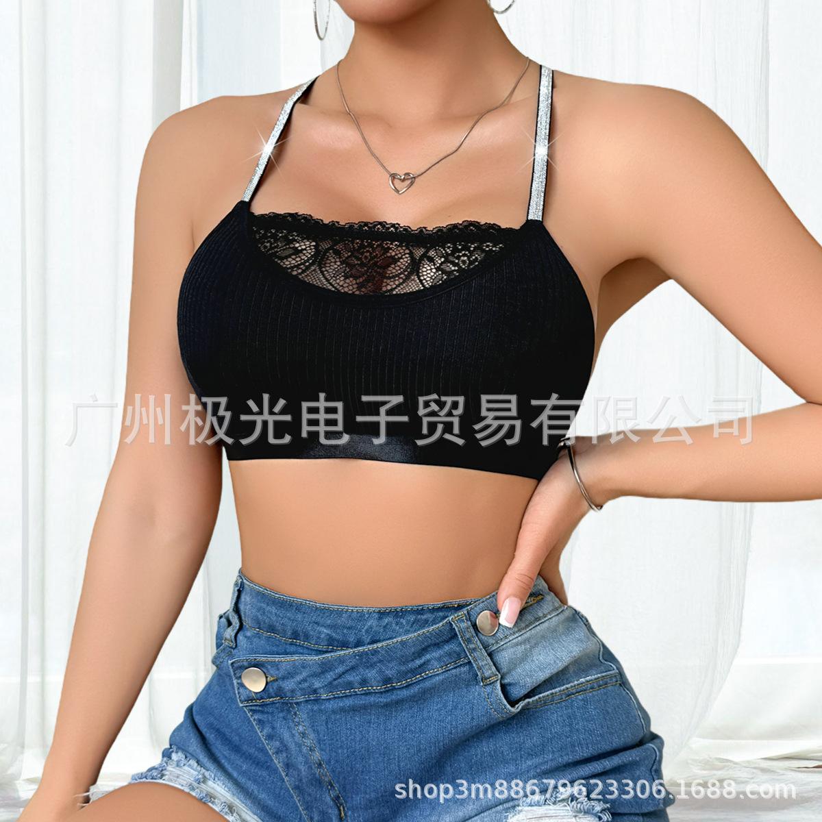 Women Ribbed Lace Patchwork Wireless Y Back Bralette S чёрный