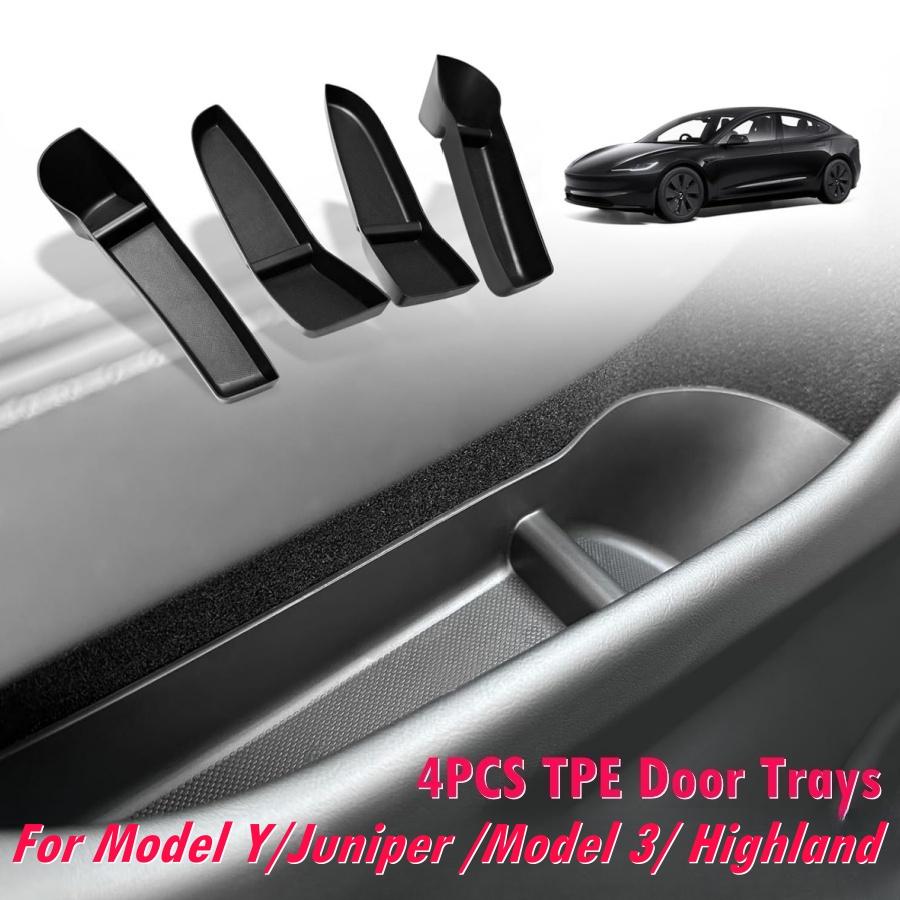 4PCS TPE Side Door Box Trays For Tesla Moldel Y Juniper Model 3 Highland Model Y/3 Door Storage Organizer Front Rear Door Trays