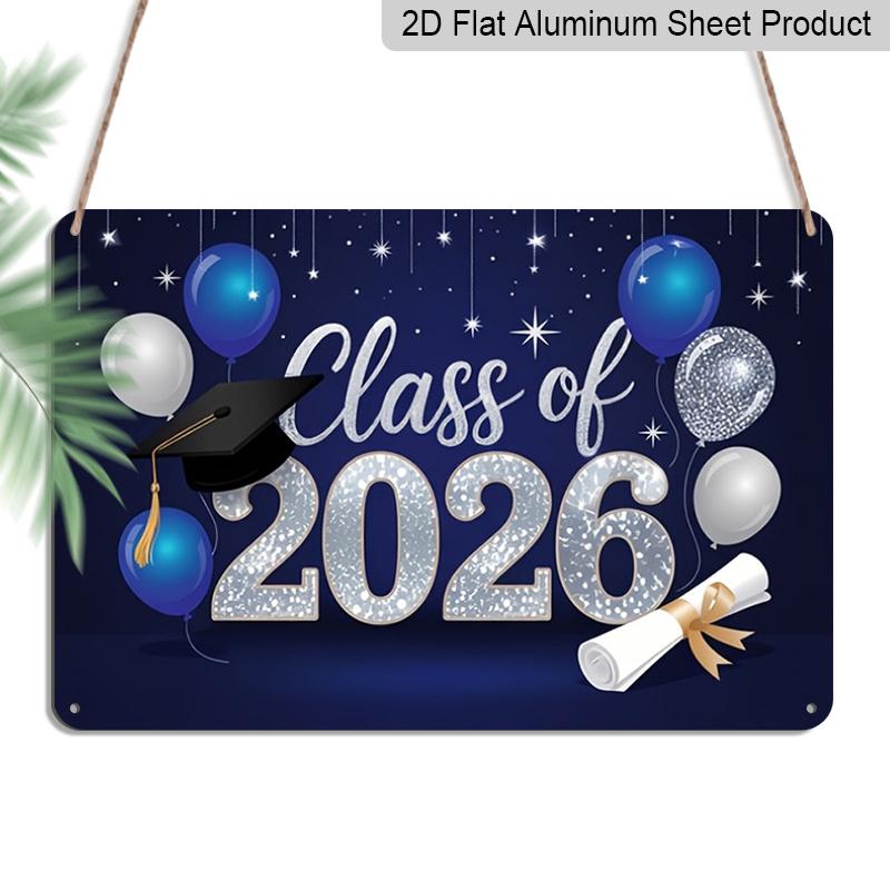 

2D Flat, 1pc Class of 2026 Graduation Plaque - Navy Blue & Silver Graduation Decor Sign with Cap & Diploma, Blue & Silver - Aluminium Wall Hanging 20*30cm
