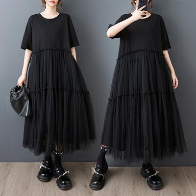 DIMANAF 2025 Women Plus Size Summer Dress Casual Lace Spliced Black Dress Basic Vintage Loose Long Dress
