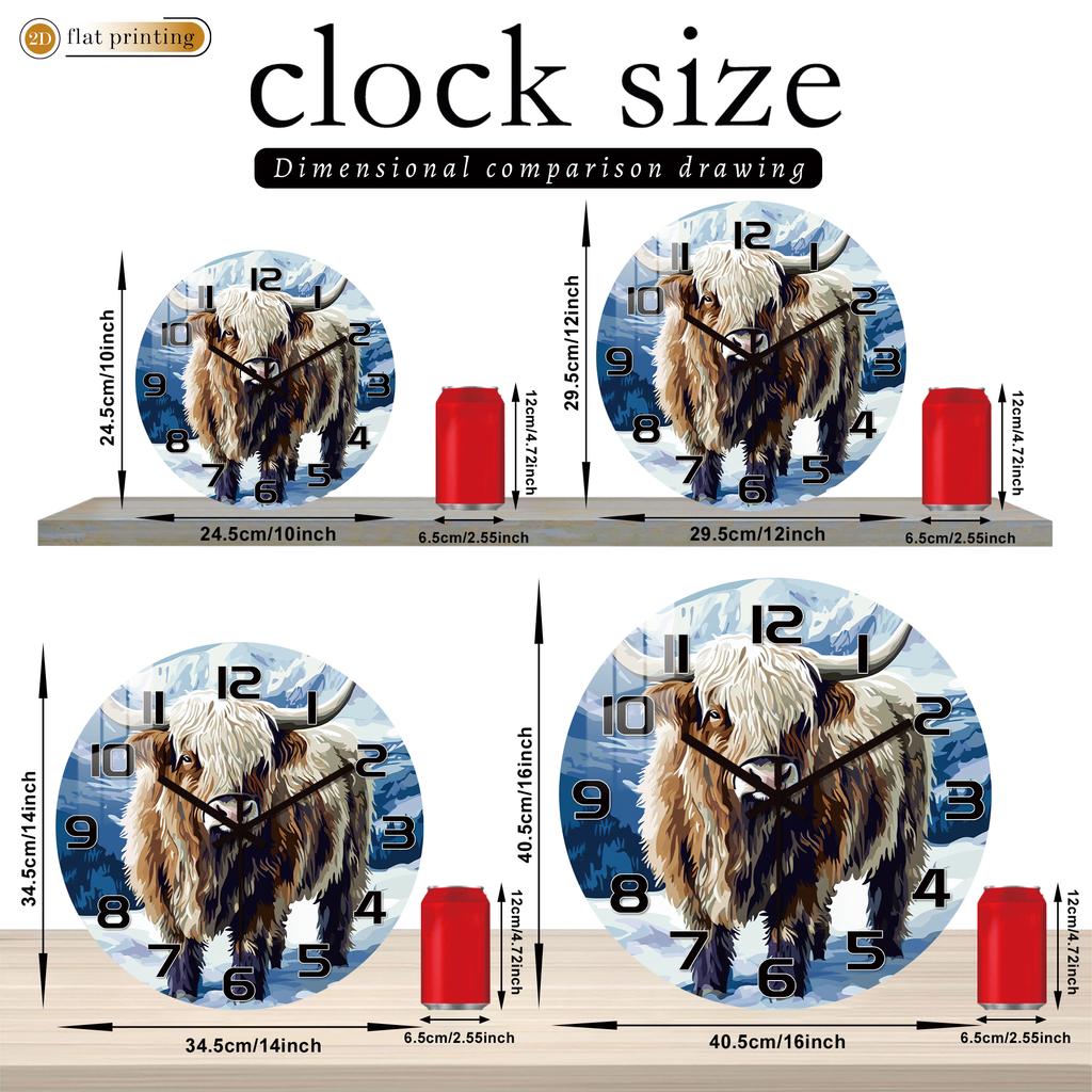 Highland Cattle in Snowy Mountain Wall Clock, Rustic Nature Scene Home Decor, Silent Quartz Movement Artistic Timepiece