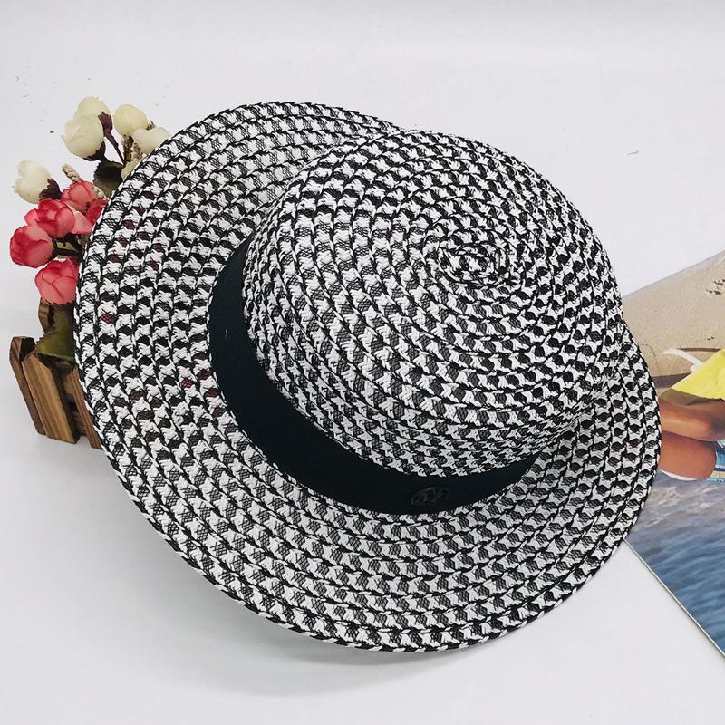 Xiaoxianfu Car and Horse High-end Black and White Plaid Wide-brimmed Flat-top Hat Women's Hat Spring and Summer Straw Hat Sun Hat Direct Supply