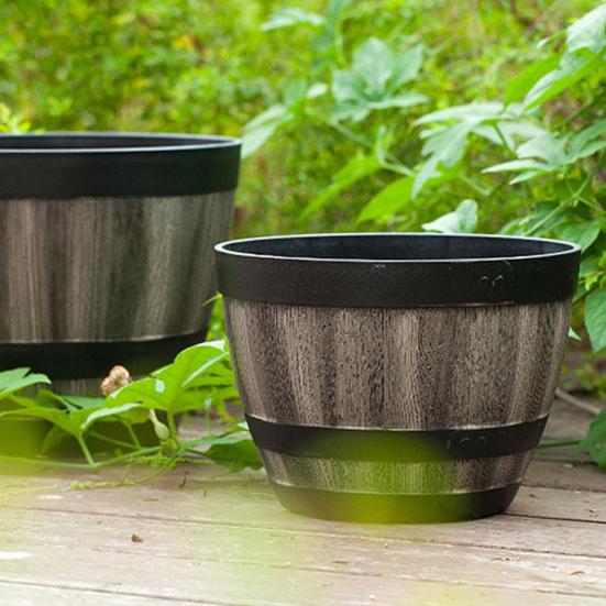 Flowerpot with Built-In Drainage System Rustic Barrel Style Decorative Garden Planter
