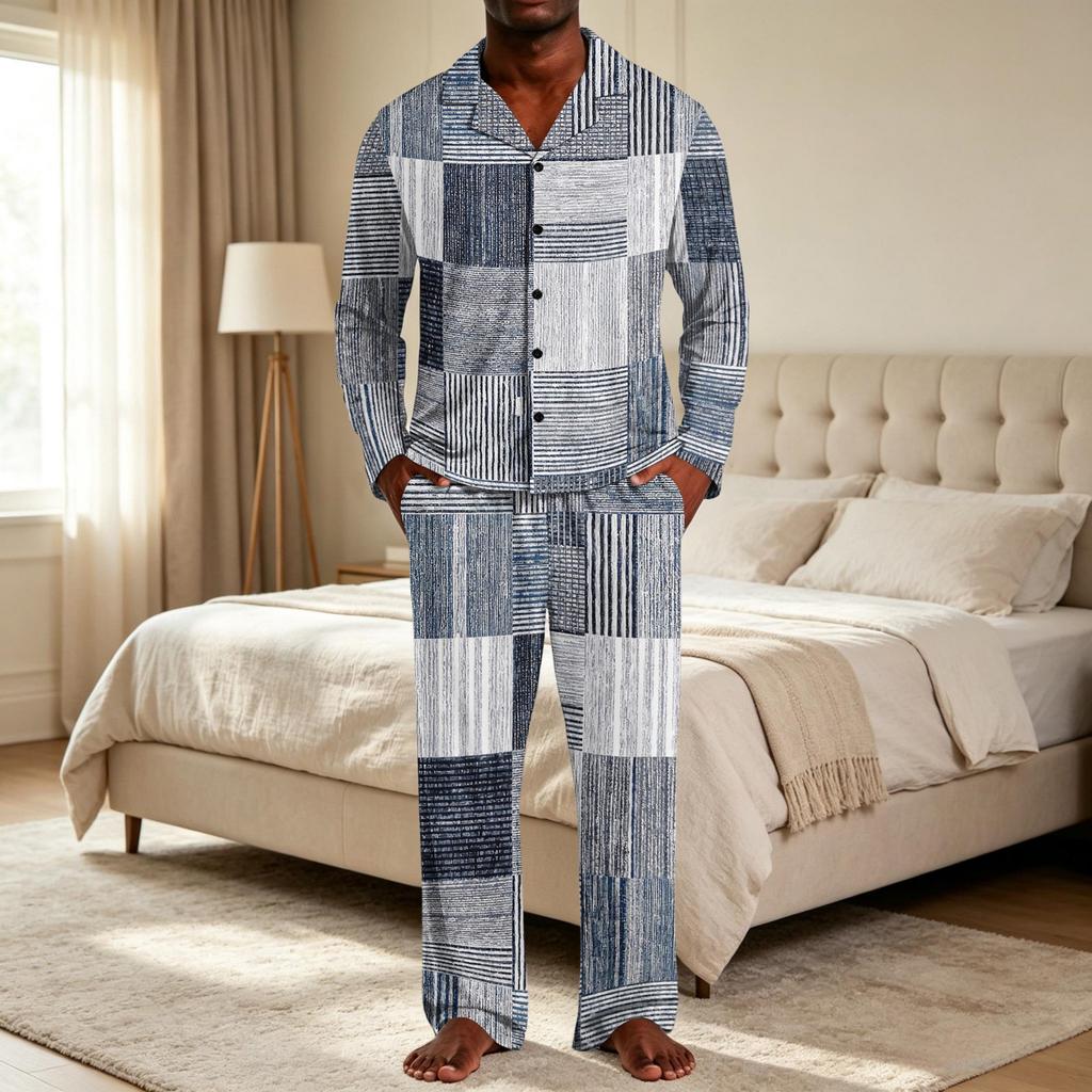 Men's Loose Fit Casual Pajama Set, Button Down Plaid Print Top and Straight Leg Pants, Two Piece Sleepwear