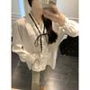 Retro V-neck tie bow blouse for women, spring and summer long-sleeve design with ruffled lace top