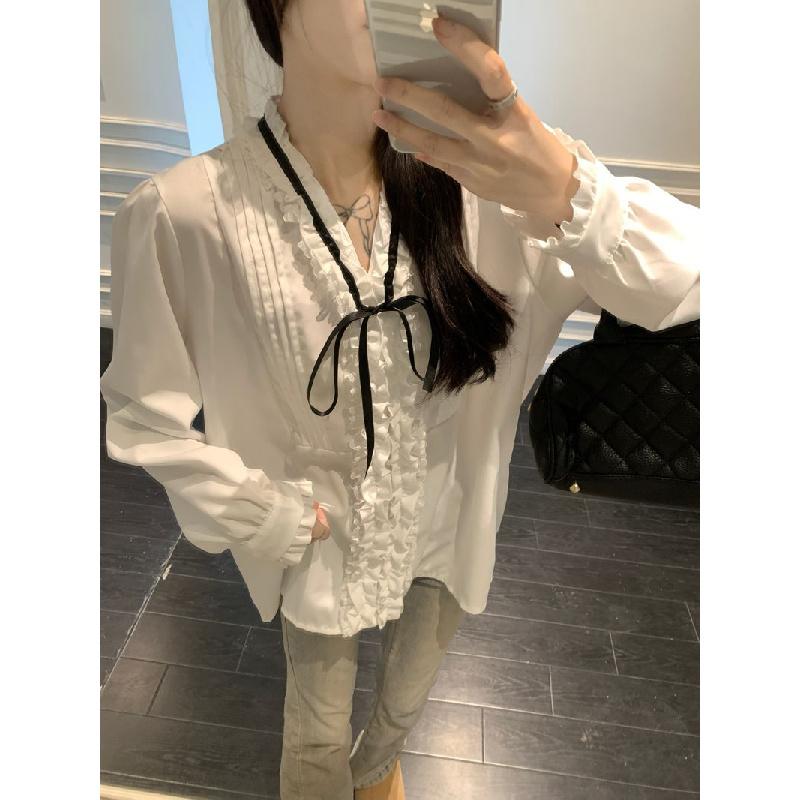 Retro V-neck tie bow blouse for women, spring and summer long-sleeve design with ruffled lace top