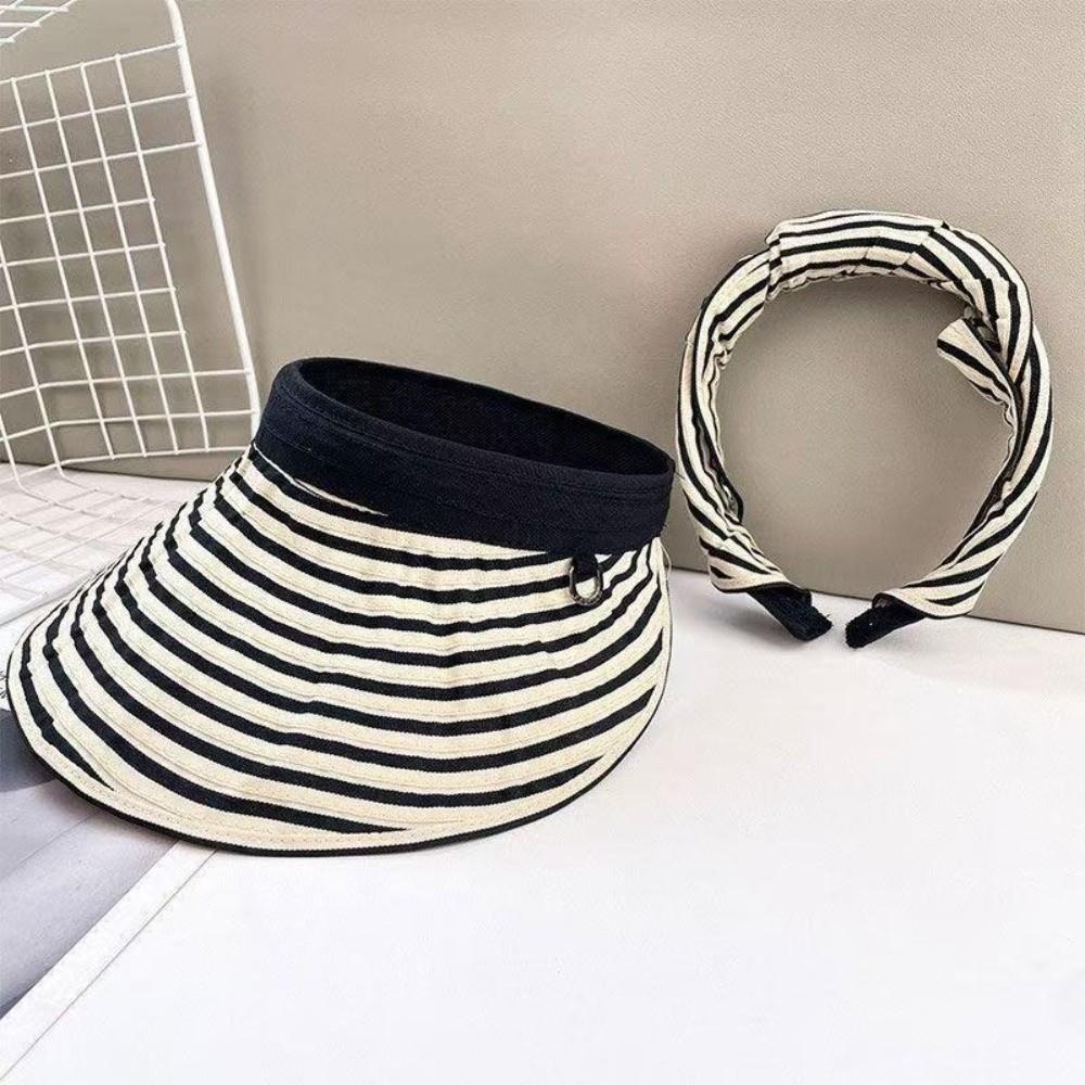 Foldable Stripe Empty Top Hat Wide Brim Striped Headband Fashion Sun Protection Cap Beach Holiday