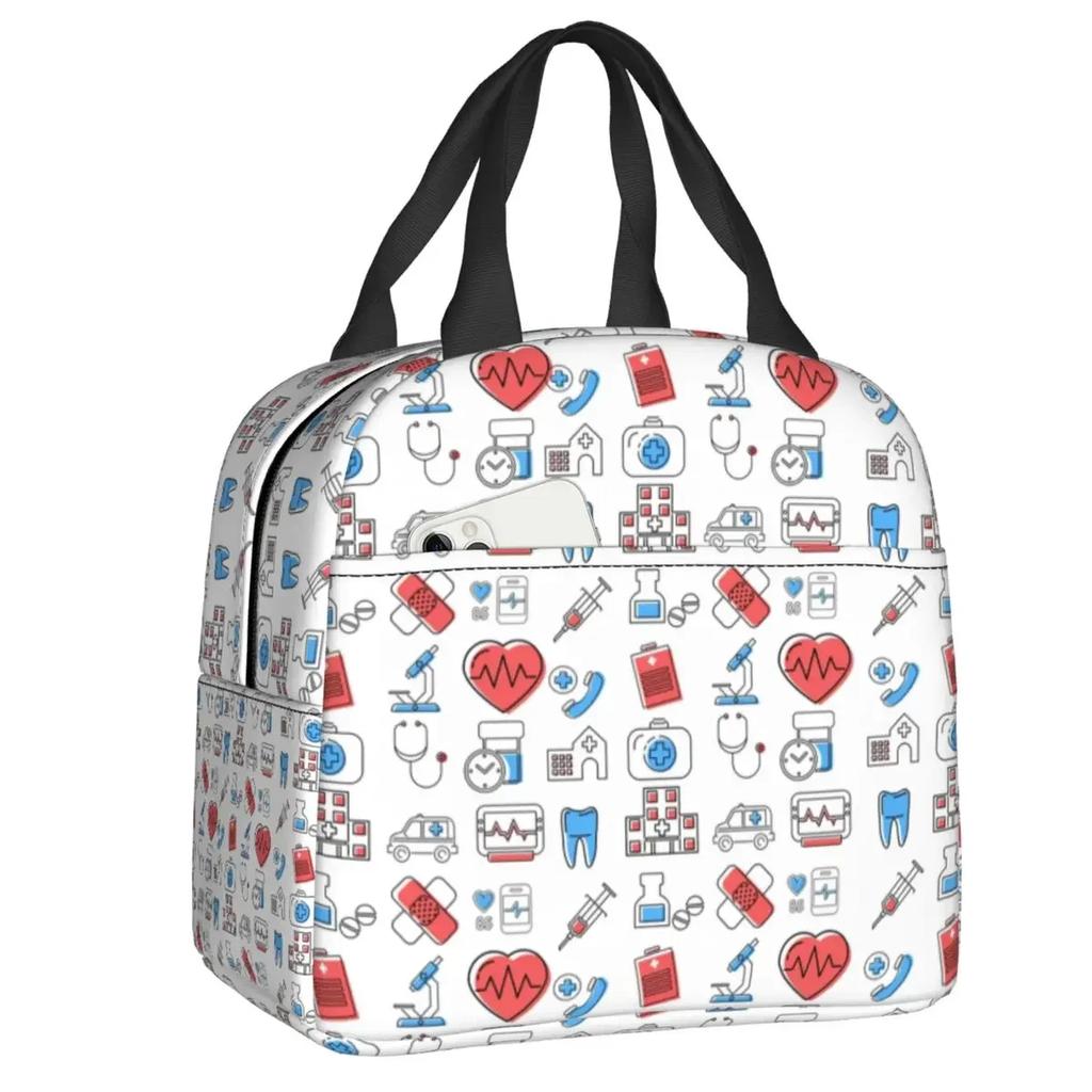 Nurse Tool Pattern Insulated Lunch Tote Bag for Women Nursing Resuable Thermal Cooler Food Lunch Box Work School Travel