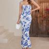 I Am Lin'er's Short Milk Silk Dress, Sexy Printed Strap Backless Hip Sling Fishtail Skirt.