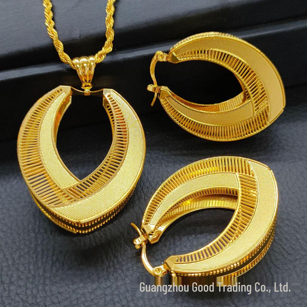 24k Gold Three-Piece Jewelry Set: Pendant, Earrings & Necklace Inspired by Indian, Indonesian, Middle Eastern & Dubai Designs