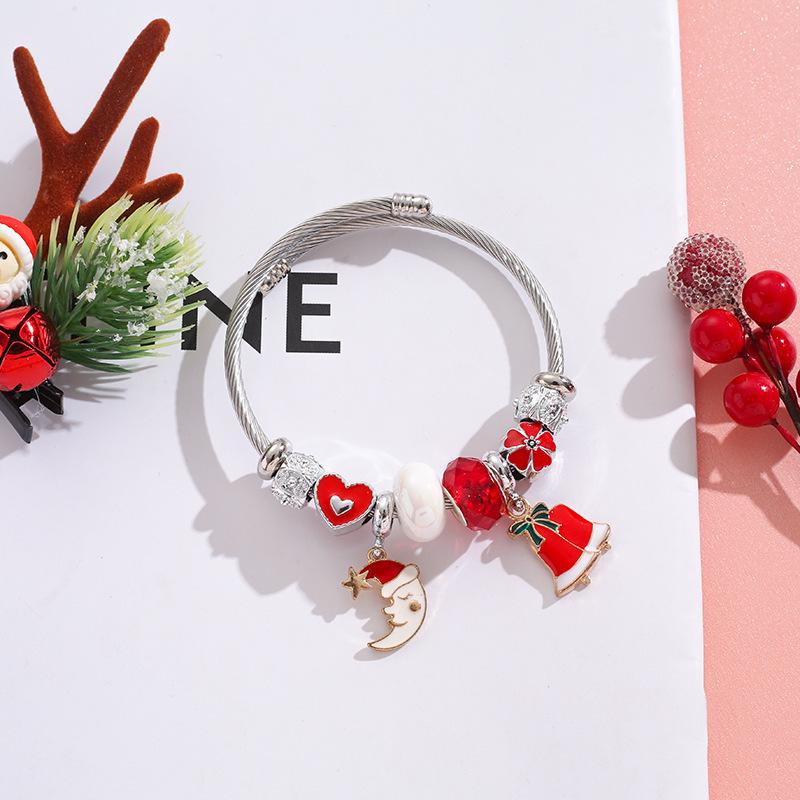 Christmas Themed Stainless Steel Bracelet For Girls With Snowflake Reindeer Crystal Beads And Tree Charm Gift