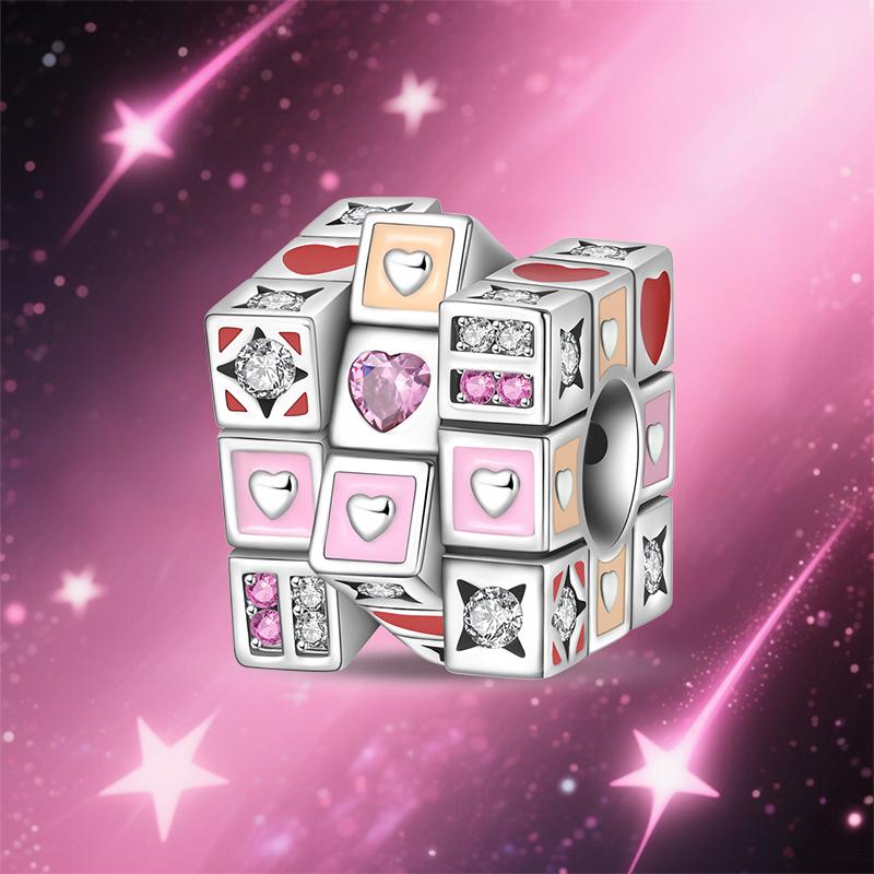 Silve Charm Beads Beads Pink Color Couple Love Rubik'S Cube Charms Accessories For Bracelets Woman Fine Jewelry Gifts