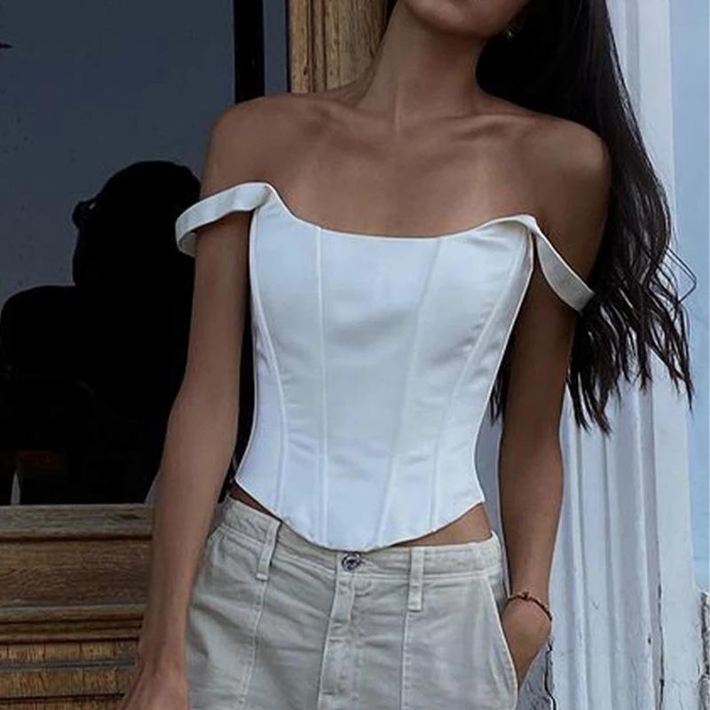 Top Corto Corsetto Bianco da Donna con Scollo Quadrato Bustier Strutturato Spalline Sottili