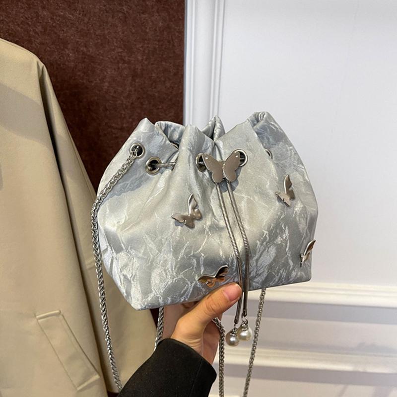 

Элегантная женская сумка-ведро с завязками на цепочке и бабочками, модная однотонная сумка через плечо из искусственной кожи с верхней ручкой 16x10x15cm серебряный