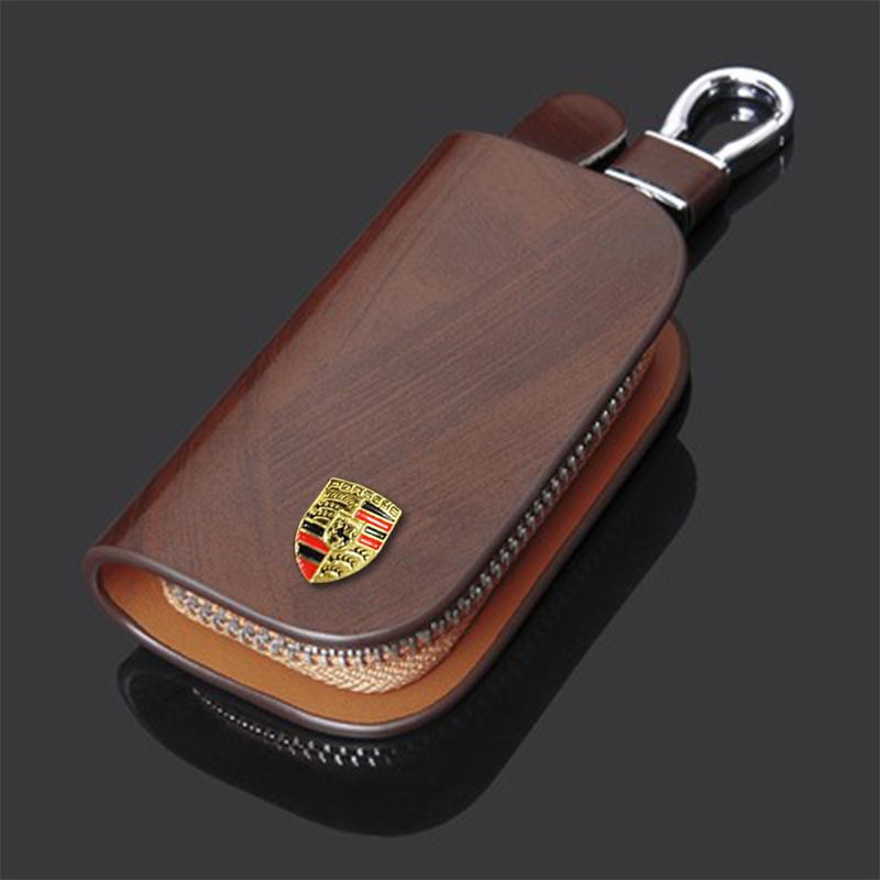 

Leather Car 3D Metal Logo Key Case Cover Shell Keychain Bags For Porsche Cayenne Panamera Macan 911 718 Boxster Cayman 918 Pajun коричневий