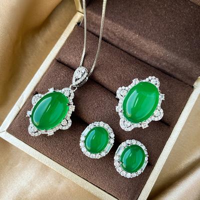 Jewelry Copper Bottom Gold-Plated Ice Seed Fluorescence Simulation Chalcedony Temperament Set 13 * 18-10 * 12