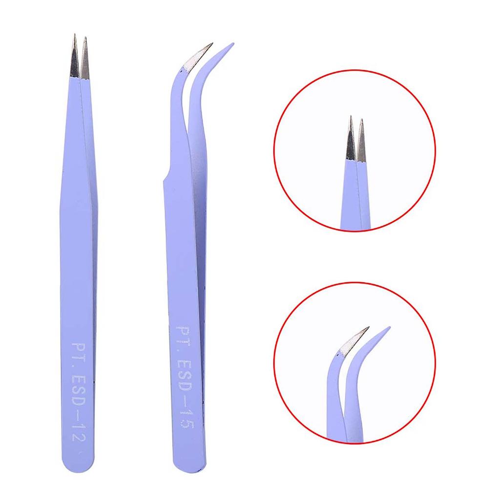 2Pcs Stainless Steel Nail Art Tweezers Anti static Straight Curved Manicure Tweezers Purple