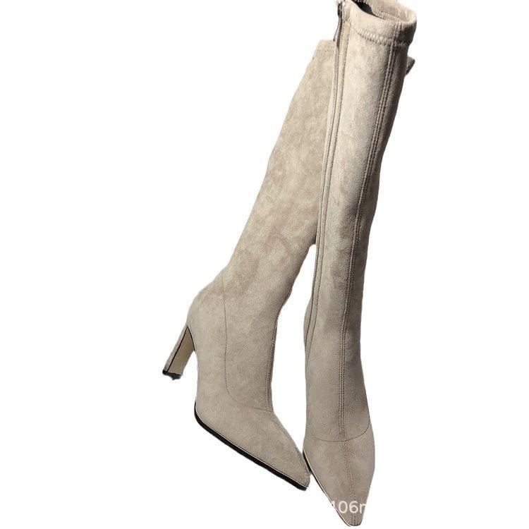 2025 autumn and winter new French temperament apricot suede elastic thin boots but knee knight high boots thick heel