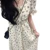 French Retro V-neck Floral Dress Women's Summer High-end Drawstring Pleated Bubble Sleeves High Waist Temperament Long Skirt