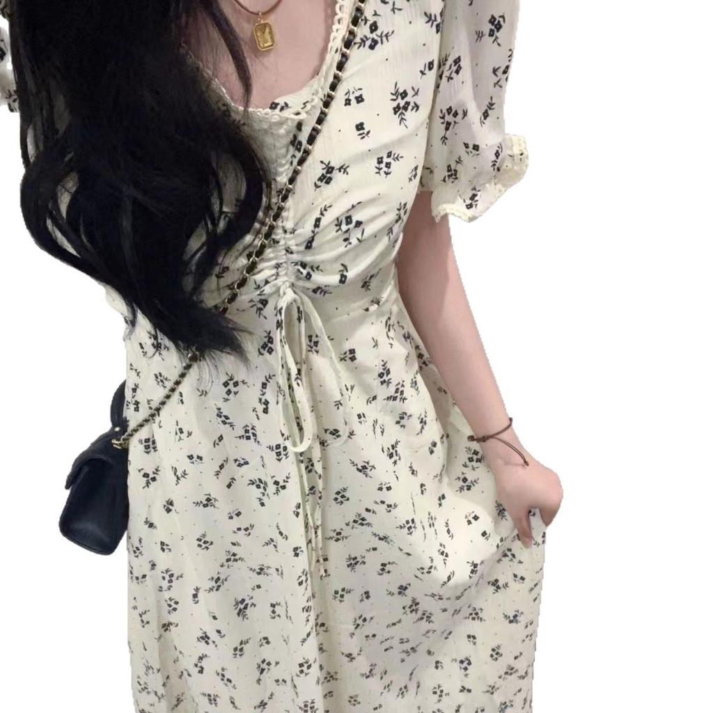 French Retro V-neck Floral Dress Women's Summer High-end Drawstring Pleated Bubble Sleeves High Waist Temperament Long Skirt