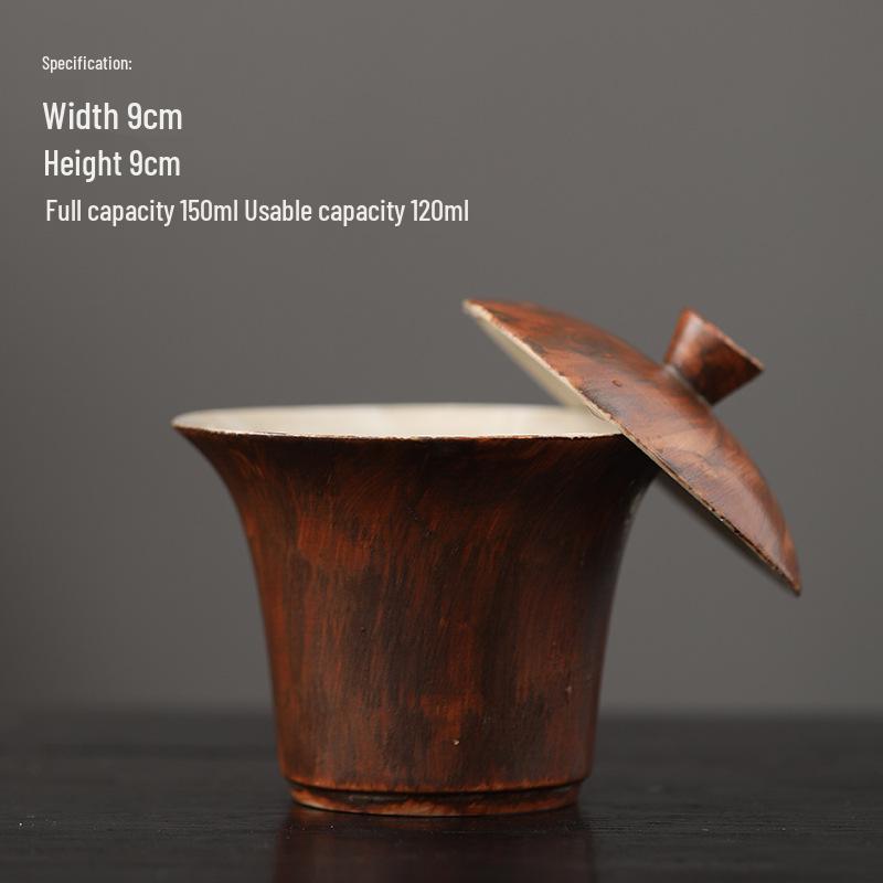 Two-Color Ceramic Wood Grain Gaiwan Tea Set with Lid and Horse-Hoof Teacup