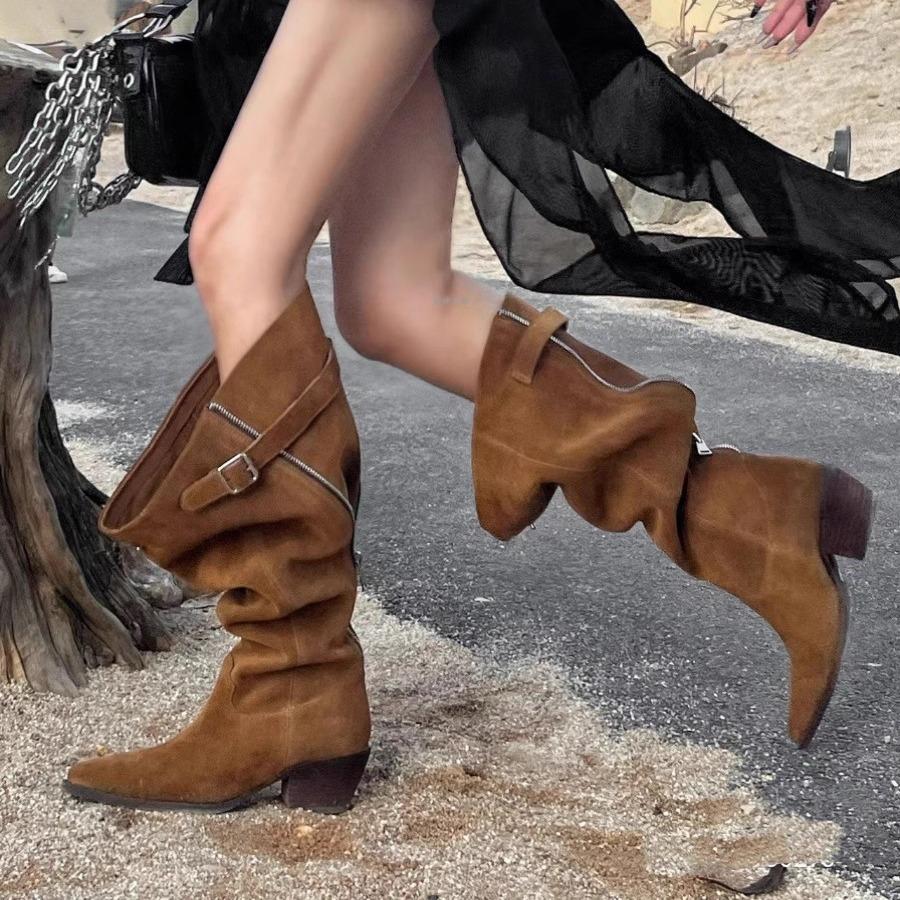 Spisse stor skaftomkrets høyhæl stabling støvletter nisjedesign bakglidelås retro western cowboy støvletter tykkhæl støvletter kvinner