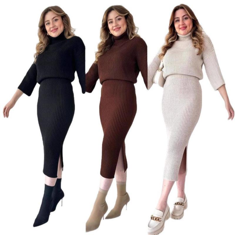2025 A/W Solid Color High Neck Pullover & Slit Skirt Set