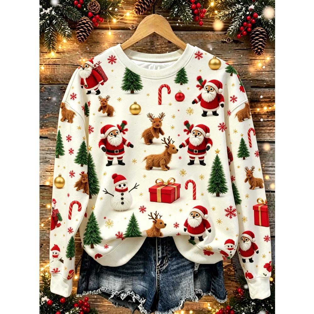 Women Long Sleeve T-shirt Round Neck Santa Reindeer Snowman