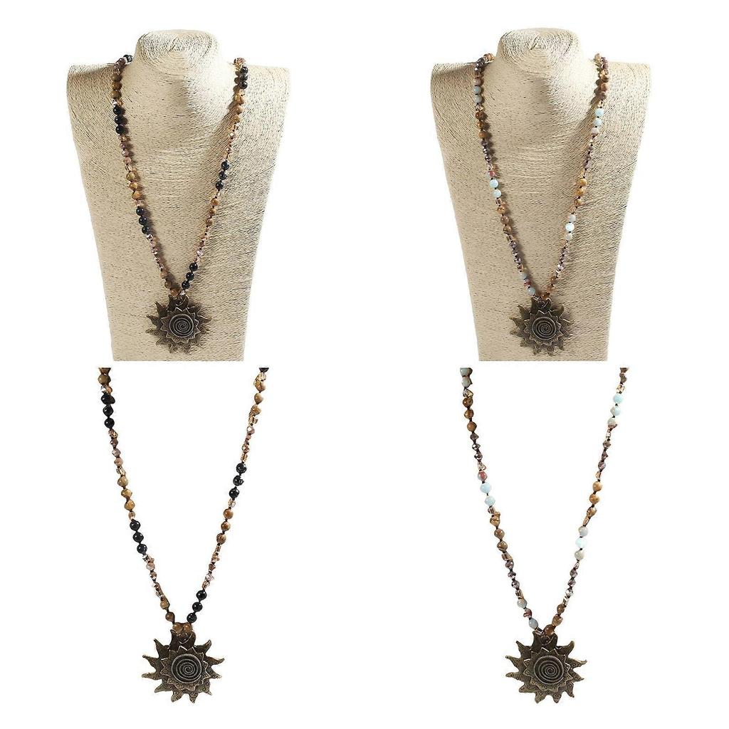 Handcrafted Sun Pendant Necklace Sweater Chain Jewelry with 8mm Natural Stone and Glass Beads in Elegant Antique Tone  dark brown