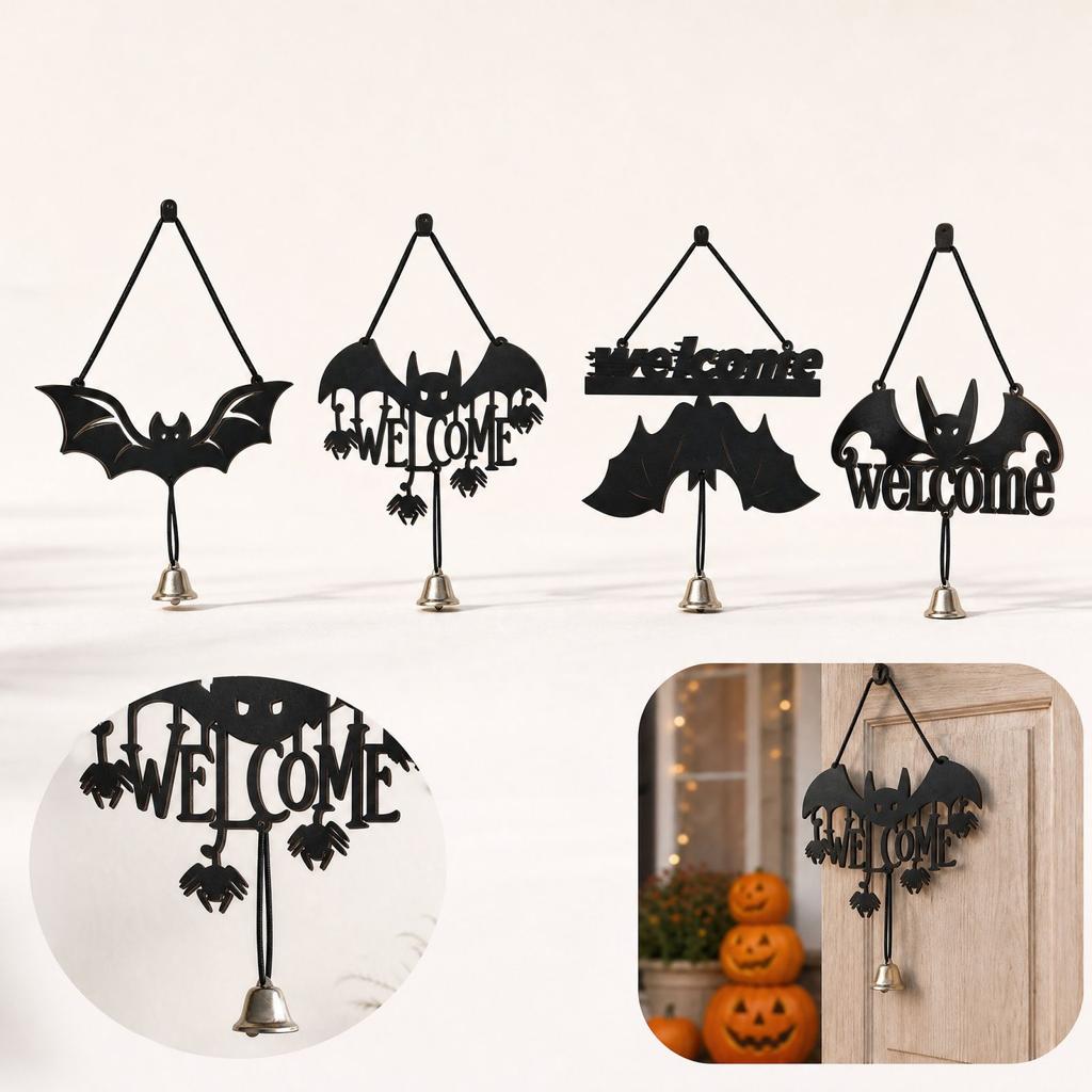 2D Halloween Wooden Door Hanger with and Cutout Design, Welcome Sign with Bell for Home Decor
