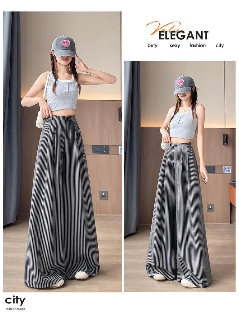 Women's Summer Ice Silk Striped Wide-Leg High-Waisted Pants - Thin, Slimming, Loose, Floor-Length, Casual Straight-Leg.