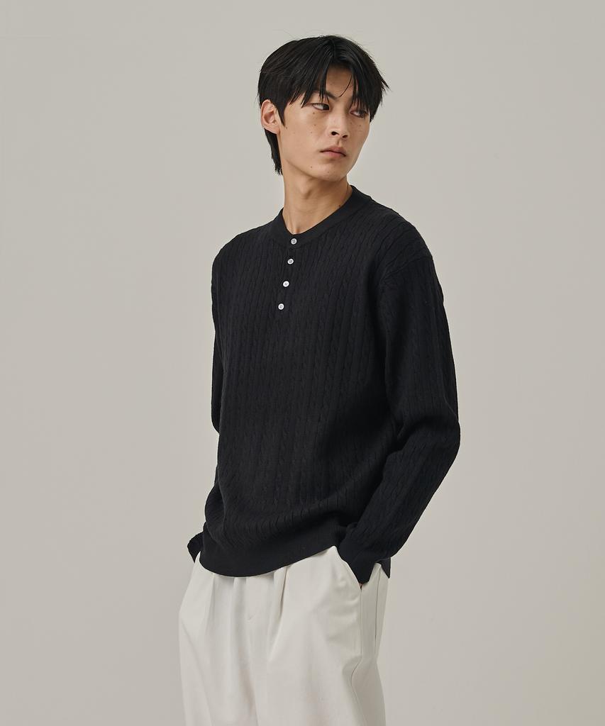 ANALOG MOOD Washable Cable Henley Neck Knit T-Shirt (Black)