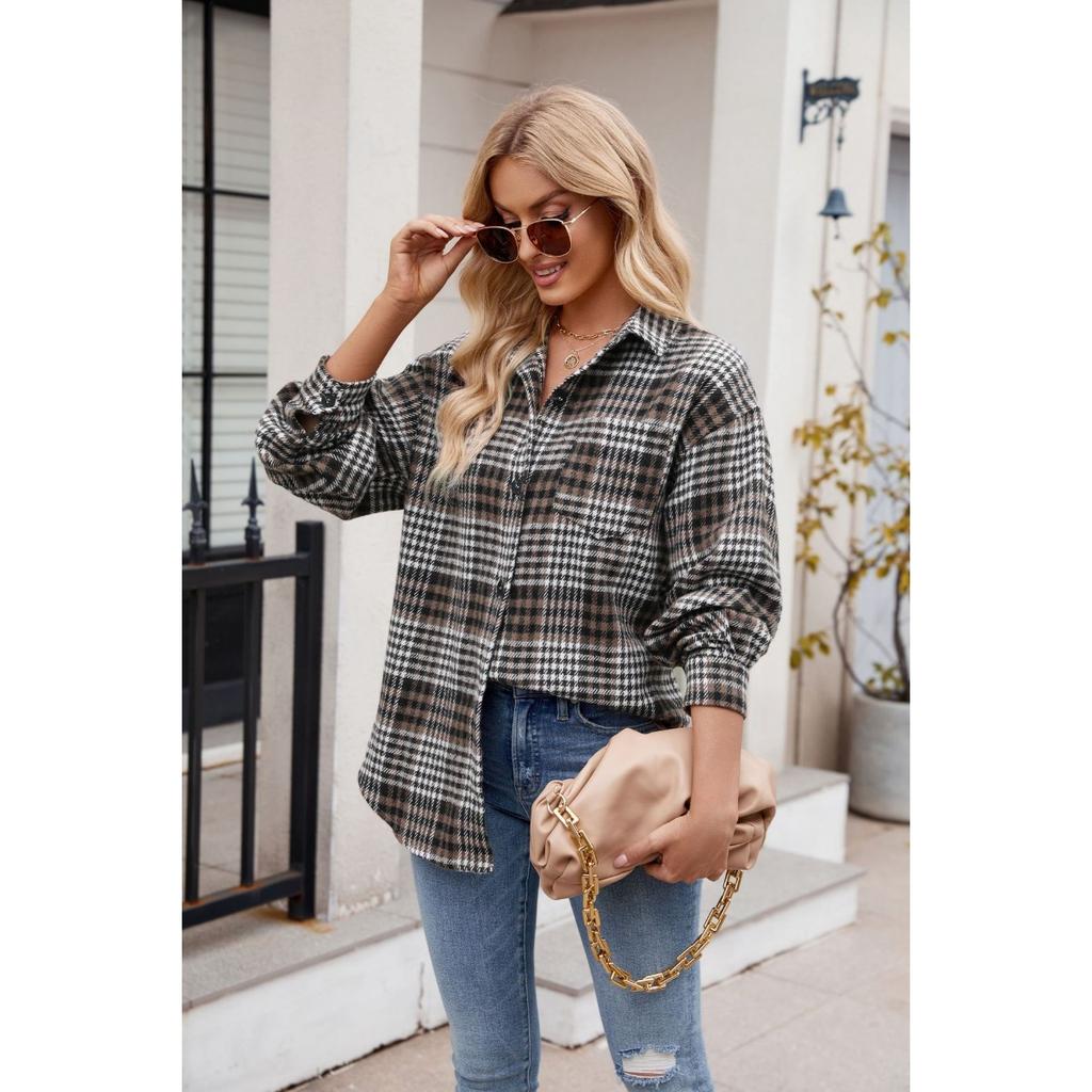 Women's Clothing, Thousand Bird Plaid, Buttons, Flannel, Woolen Shirt