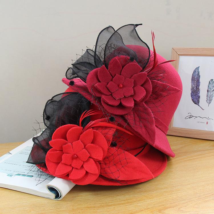 Ny höst- och vintertermomössa Dam Brittisk Retro Ullhatt Elegant Nät Blomma Cylinderhatt