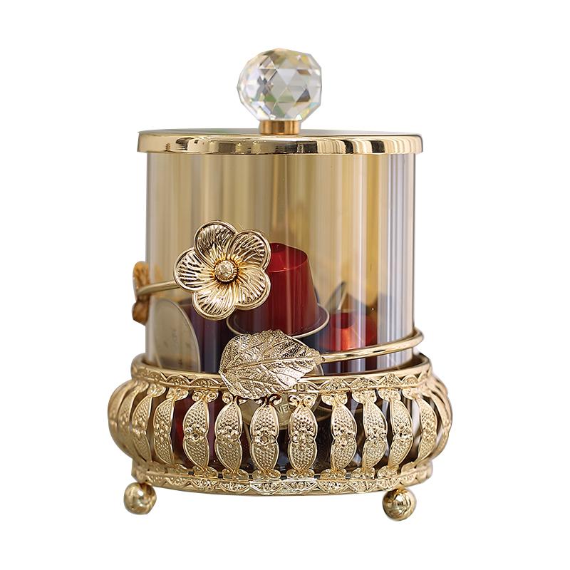 European Glass Candy Jar Gold Cutout Jewelry Cosmetic Storage Box Household Nut Fruit Jewelry Storage Box Gold Flower Decoration