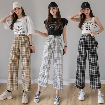 Vintage Plaid Pants Elastic Waist Pants Women High Waist Plus Size Wide Leg Pants Casual Female Korean Trousers Women