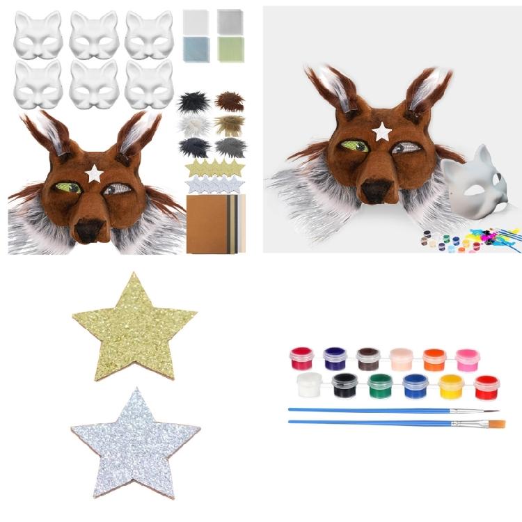 6Pcs Unpainted Cats Mask Set Includes Furry Trim Eye Mesh Sticker Felted Cloth for Painting Unpainted Masquerades Mask