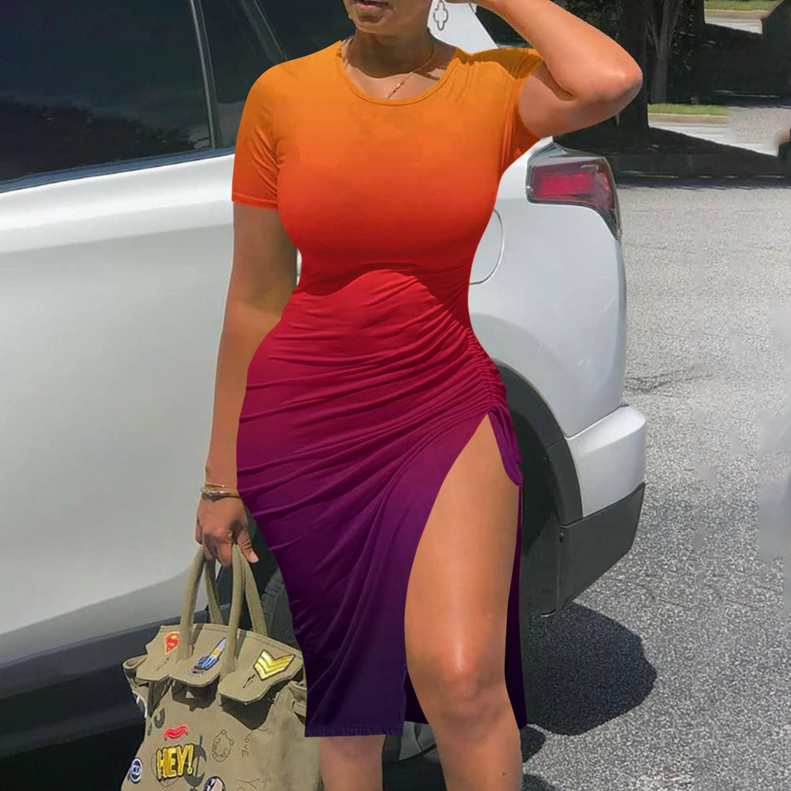 

Облегающее бедро платье для женщин с круглым вырезом на шнуровке с градиентным принтом и короткими рукавами XXL оранжевый