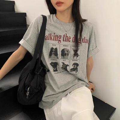 American Vintage Funny Animal Print High Street Short Sleeve T-shirts for Women 2025 Summer Casual Loose T Shirt Harajuku Gray Women's Tshirt Y2k Tops