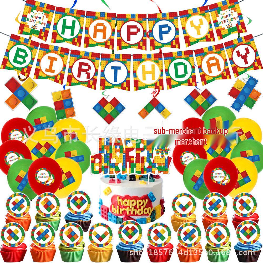 Párty potřeby s kostkami Lego: Praporek, Klobouky a Ubrus pro Dětské Narozeniny