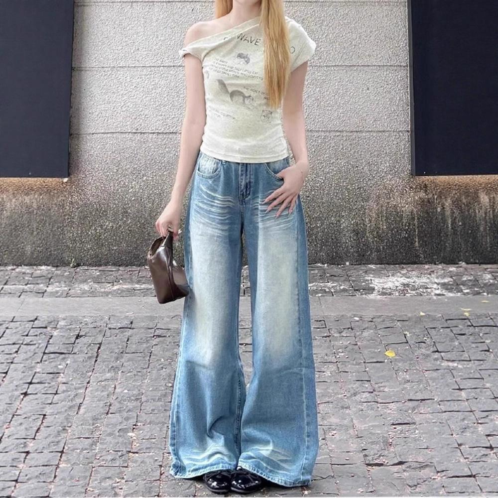 Fashionable Comfortable Design Grind High Waist Wide Leg Jeans Women Loose Skinny Peplum Drag Floor Trousers Jeans for Women Long Denim Pants