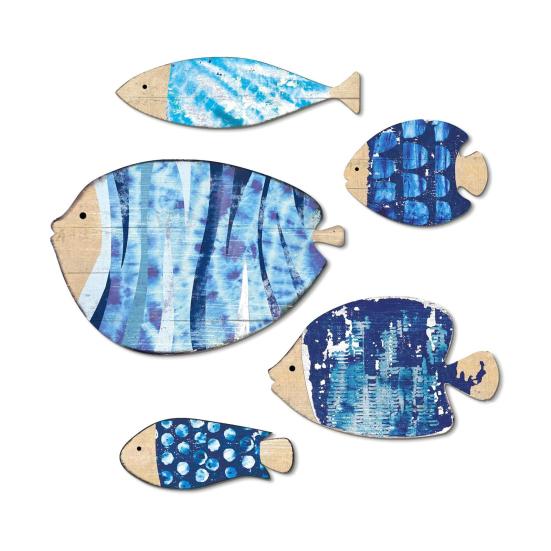5Pcs/Set Wooden Fish Wall Decoration Farmhouse Rustic Nautical Blue Fish Wall Art Sculpture Home Living Room Bathroom Wall Decorative Sign
