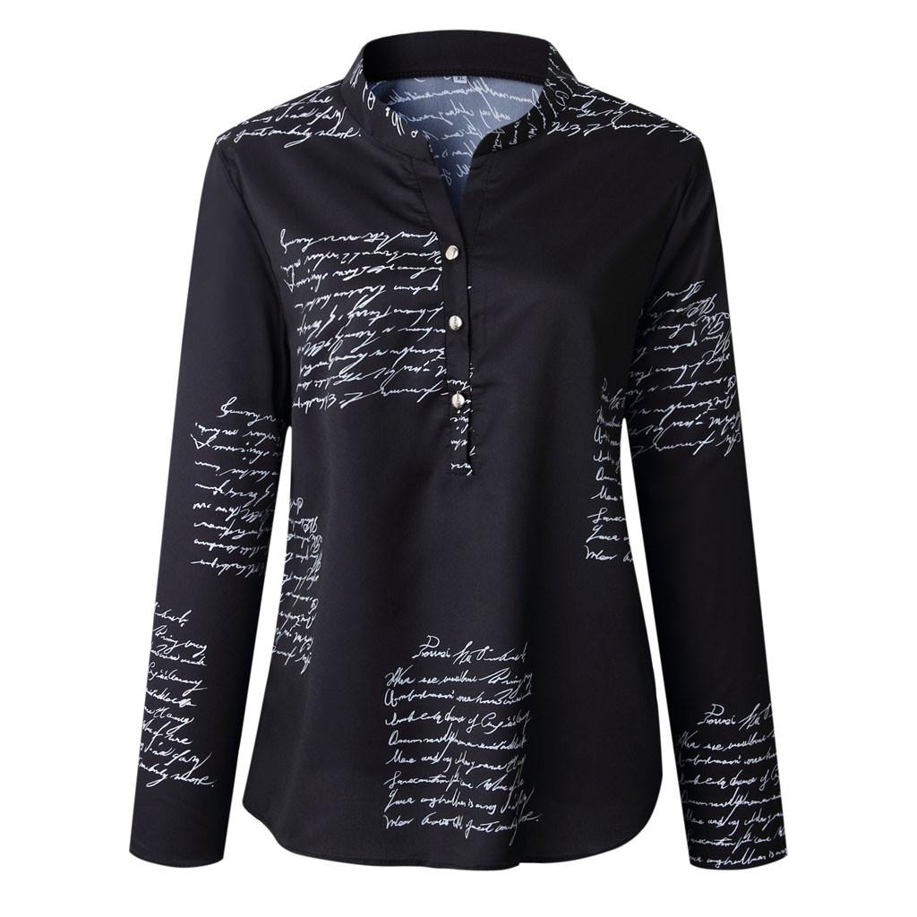 Women V Neck Letters Printing Button Long Sleeve T-Shirt Tops Blouse