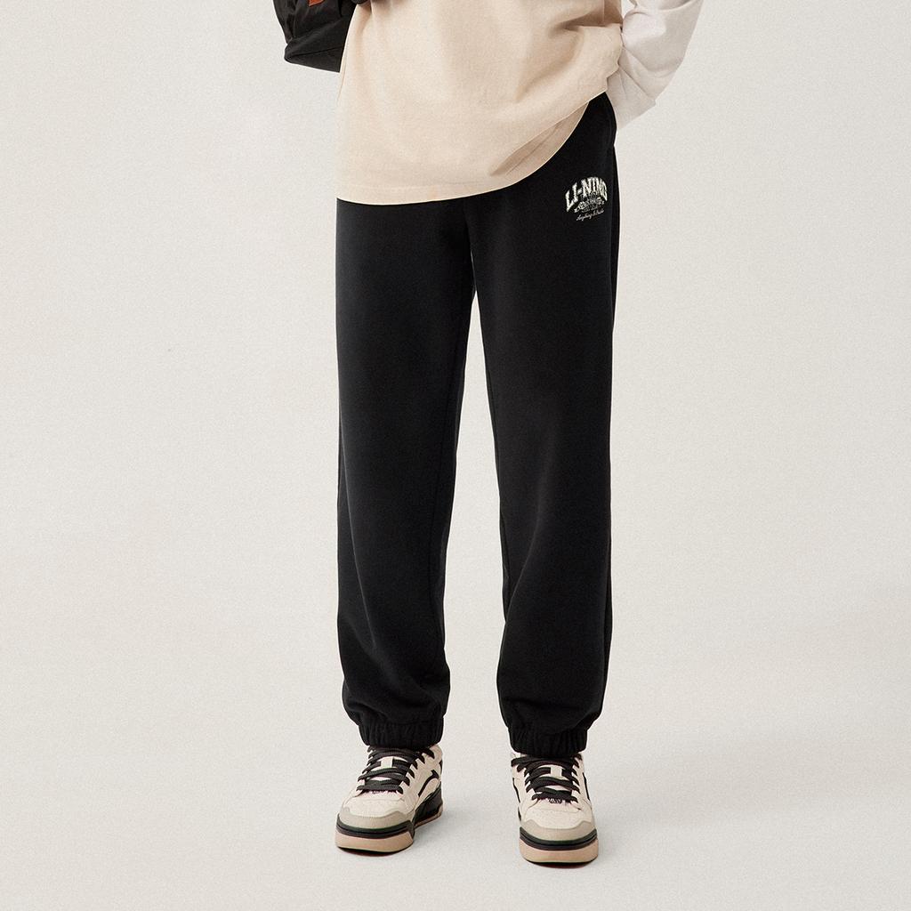 Li-Ning Sports Fashion Series Weekend Youth Collection American Retro Simple Loose Fit Drawstring Cuffed Joggers Men Joggers Black AKLU939-4