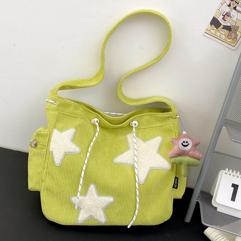 

Women Casual Satchel Bag with Pendant Shoulder Bag Large Capacity Corduroy Star Applique Leisure Travel Outdoor Bag зелёный