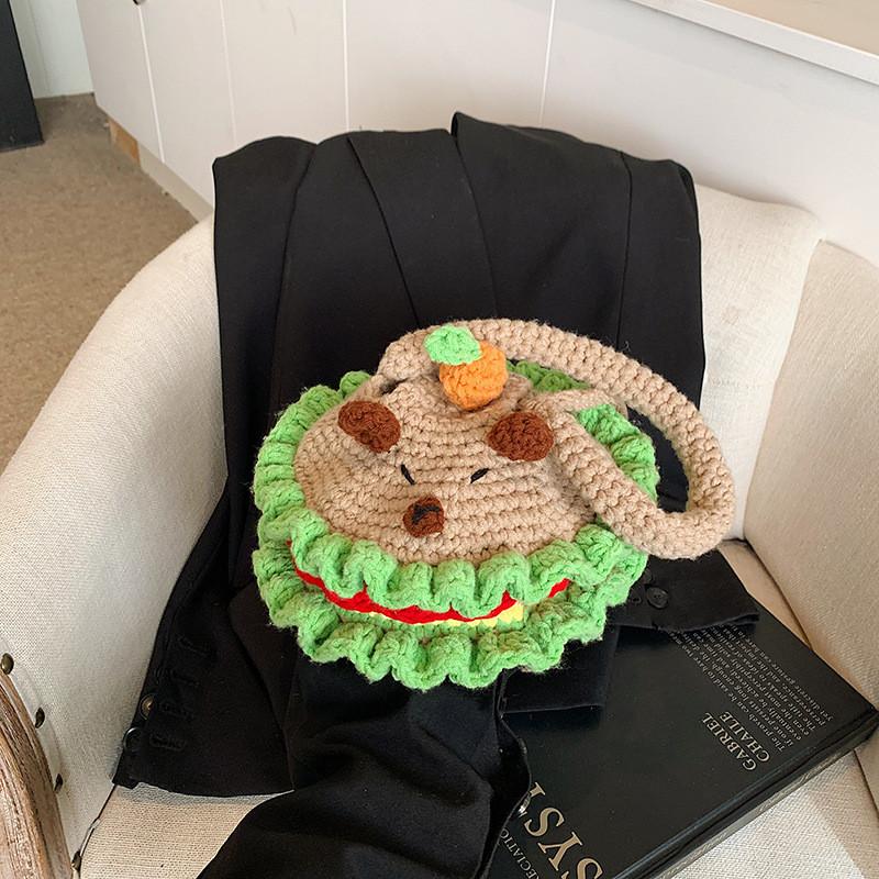 Cute Cartoon Animal Theme Girl's Shoulder Bag Handcrafted Warm Wool Crochet Crossbody Bag For Kids